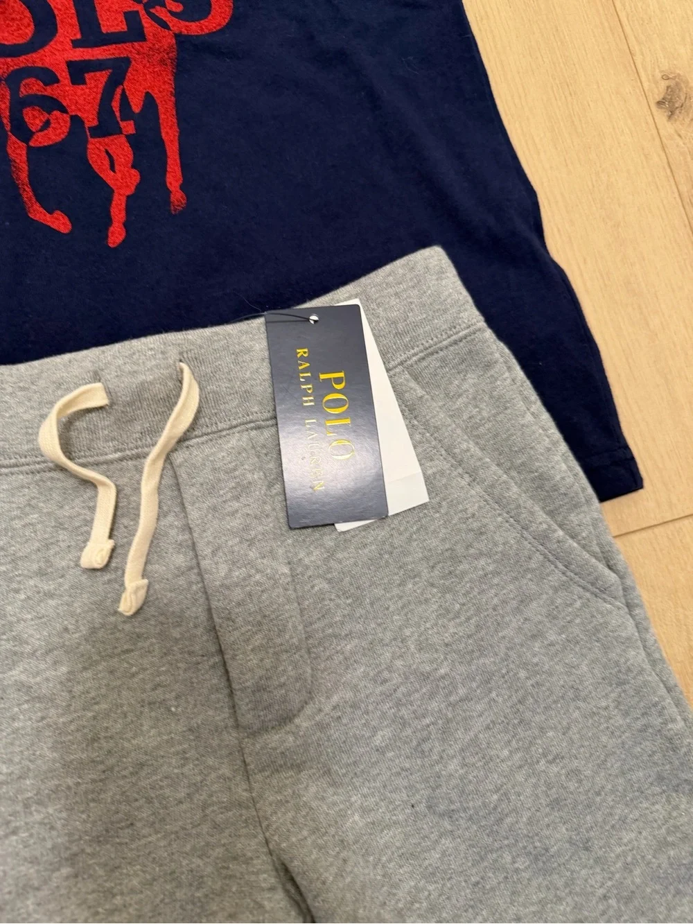 Polo by Ralph Lauren Navy Tee with Red Logo & Gray Drawstring Shorts